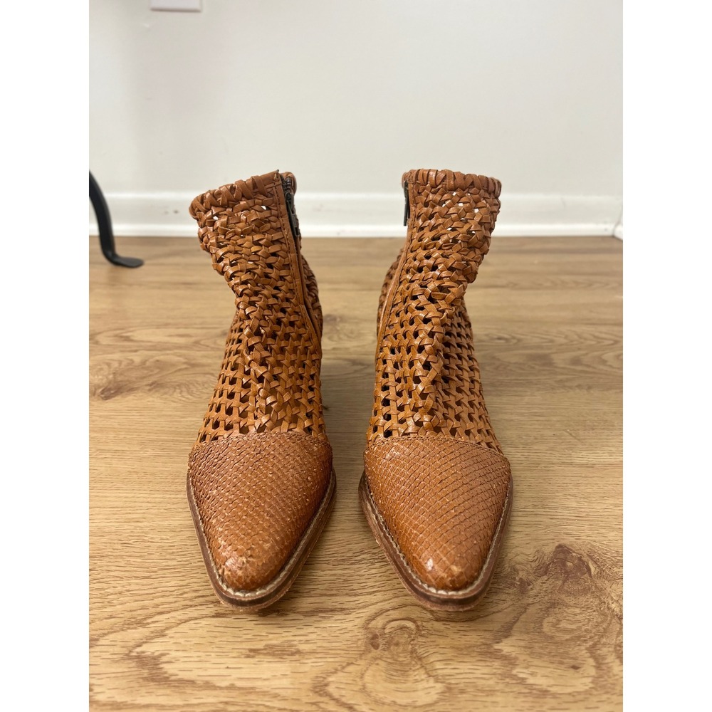 Free People Boho Woven Leather Ankle Boots Women 37 Tan Pointed Toe‎ Block Heel - Picture 2 of 12